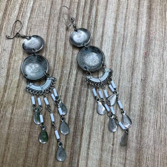 Peruvian Handmade Coin Dangle Silver Tone Boho Earrings - Picture 3 of 5